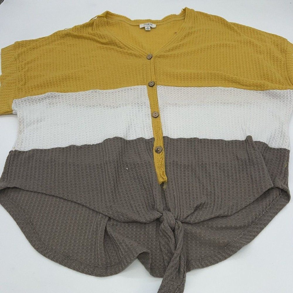 UMGEE Medium Waffle Knit Tie Front Top Yellow White Brown Faux Button